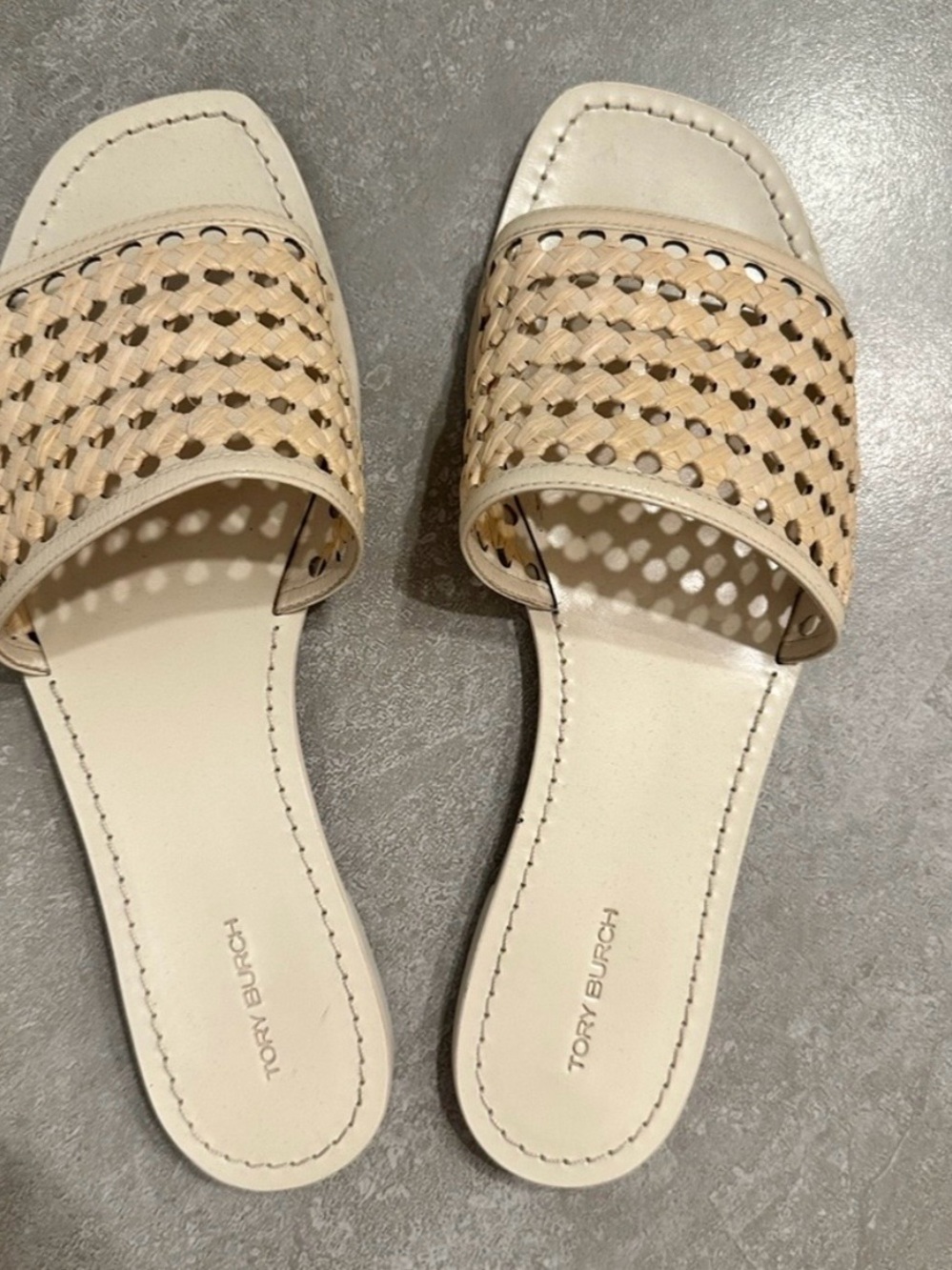 Tory Burch Woven Neutral Slide Mules in Light Beige